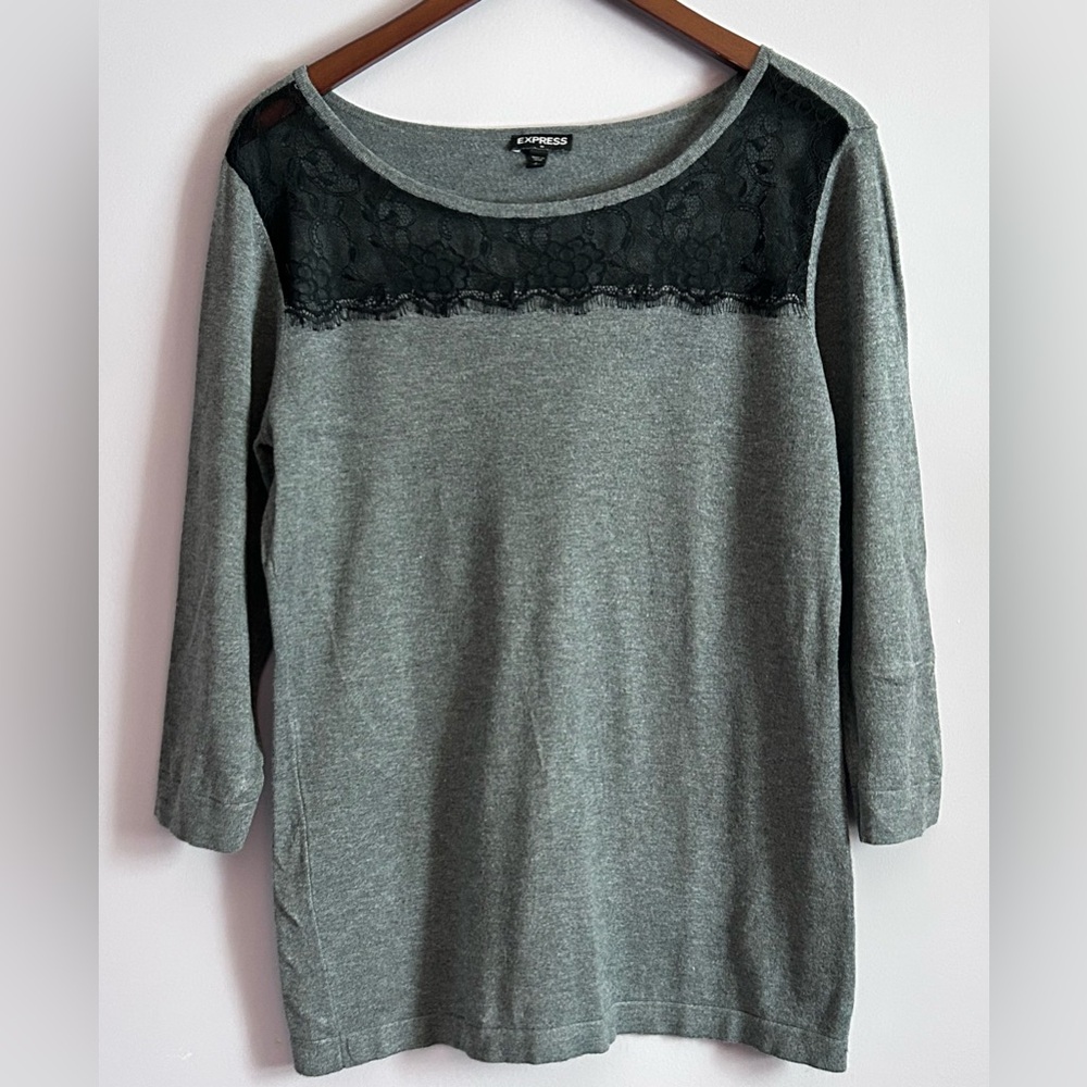 Express 3/4 Sleeve Gray Sweater with Black Lace Detail Size Large